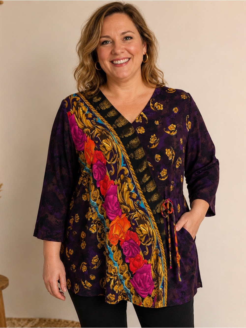 VTG Carole Little Kimono Top Womens 16 Rayon Baroque Floral Art To Wear Boho